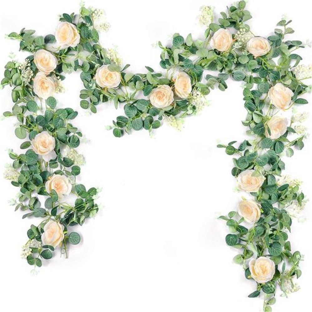 2 Pack 13Ft Artificial Eucalyptus Flower Garland with Fake Rose (Champagne)